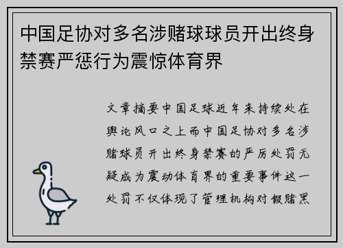中国足协对多名涉赌球球员开出终身禁赛严惩行为震惊体育界