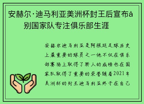 安赫尔·迪马利亚美洲杯封王后宣布告别国家队专注俱乐部生涯 安赫尔·迪马利亚美洲杯封王后宣布告别国家队专注俱乐部生涯